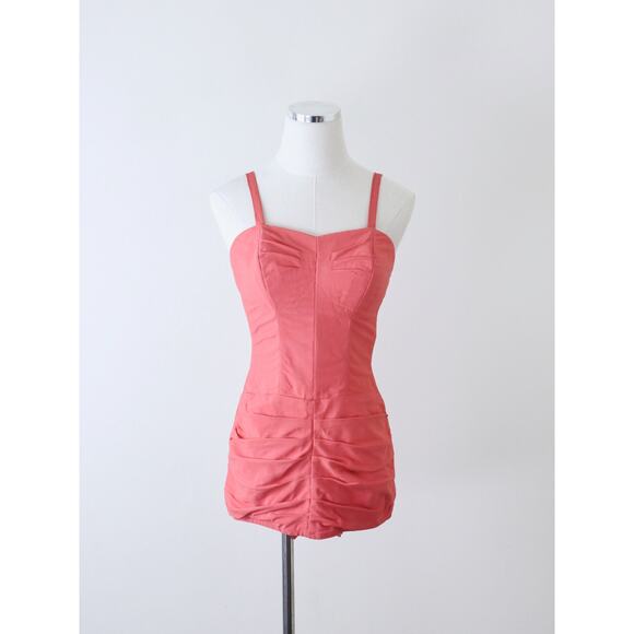 Vintage 1950s Size XS Sweetheart Draped Sheath One Piece Bathing Suit Coral Pink - Picture 2 of 10
